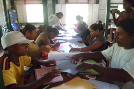 Foto de los estudiantes del técnico básico en adaptación al Cambio climático recibiendo clases en la comunidad Rama de Tiktik Kaanu